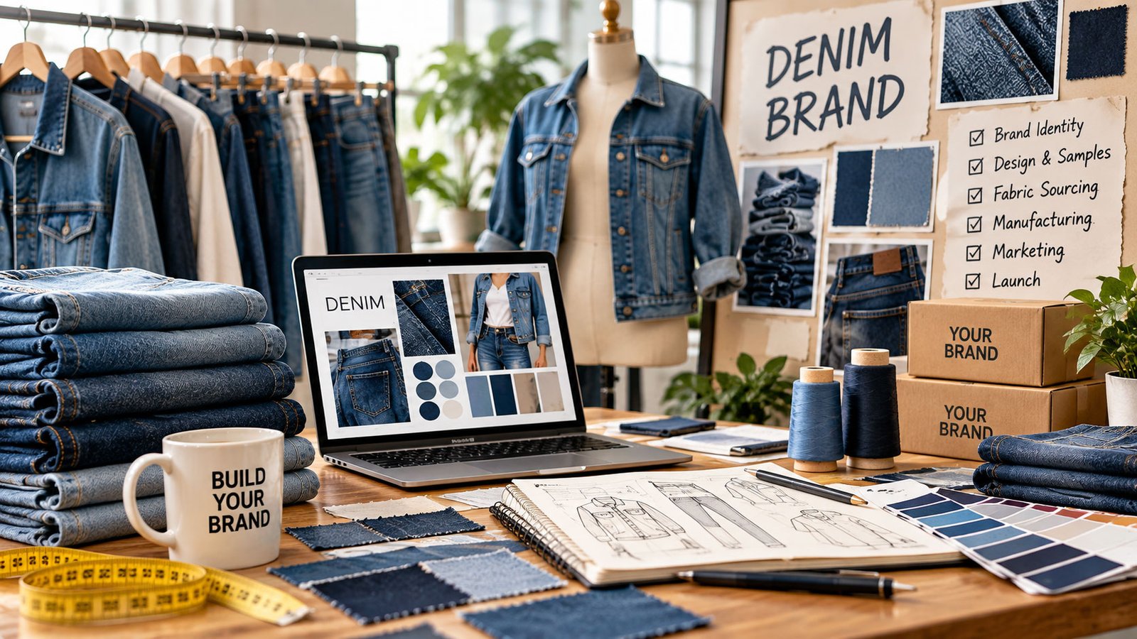 Folded denim jeans with visible seams and pockets