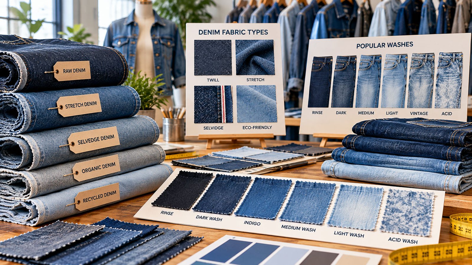 Denim fabric being worked on at a sewing machine