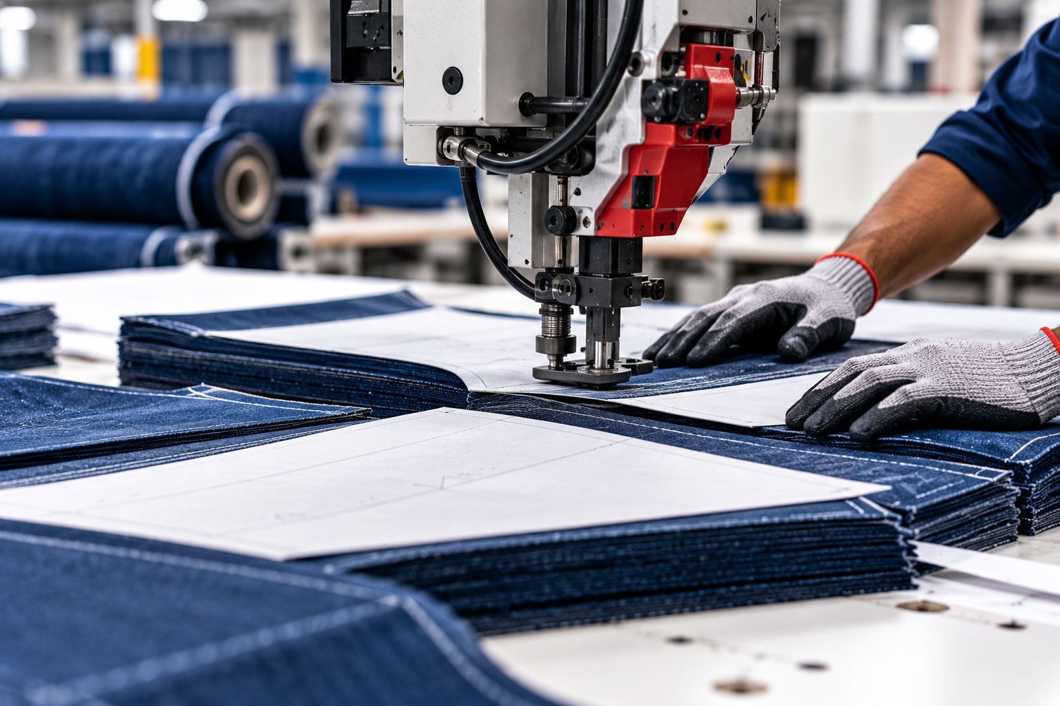 Fabric being cut into garment panels