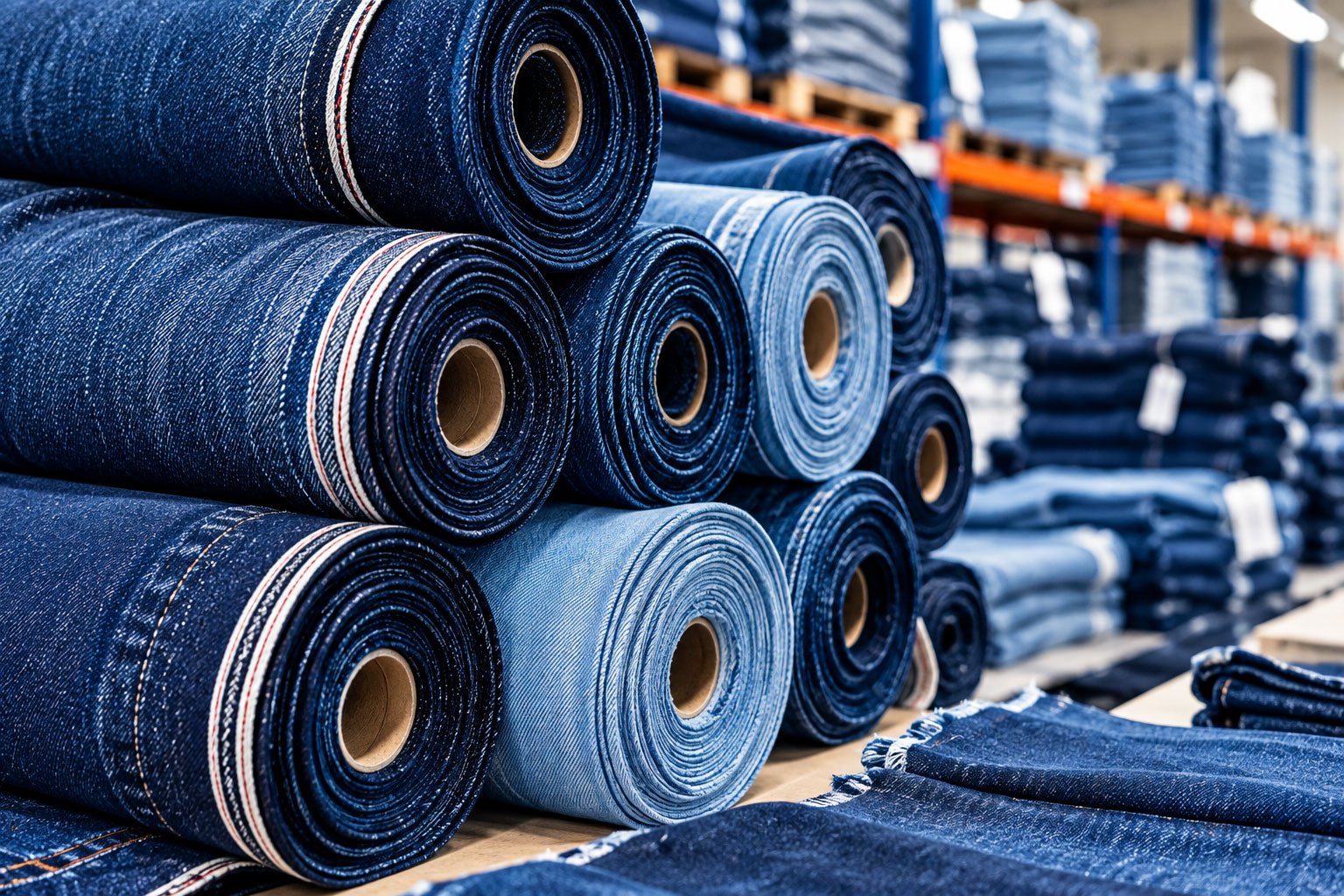 Rolls of denim fabric ready for selection