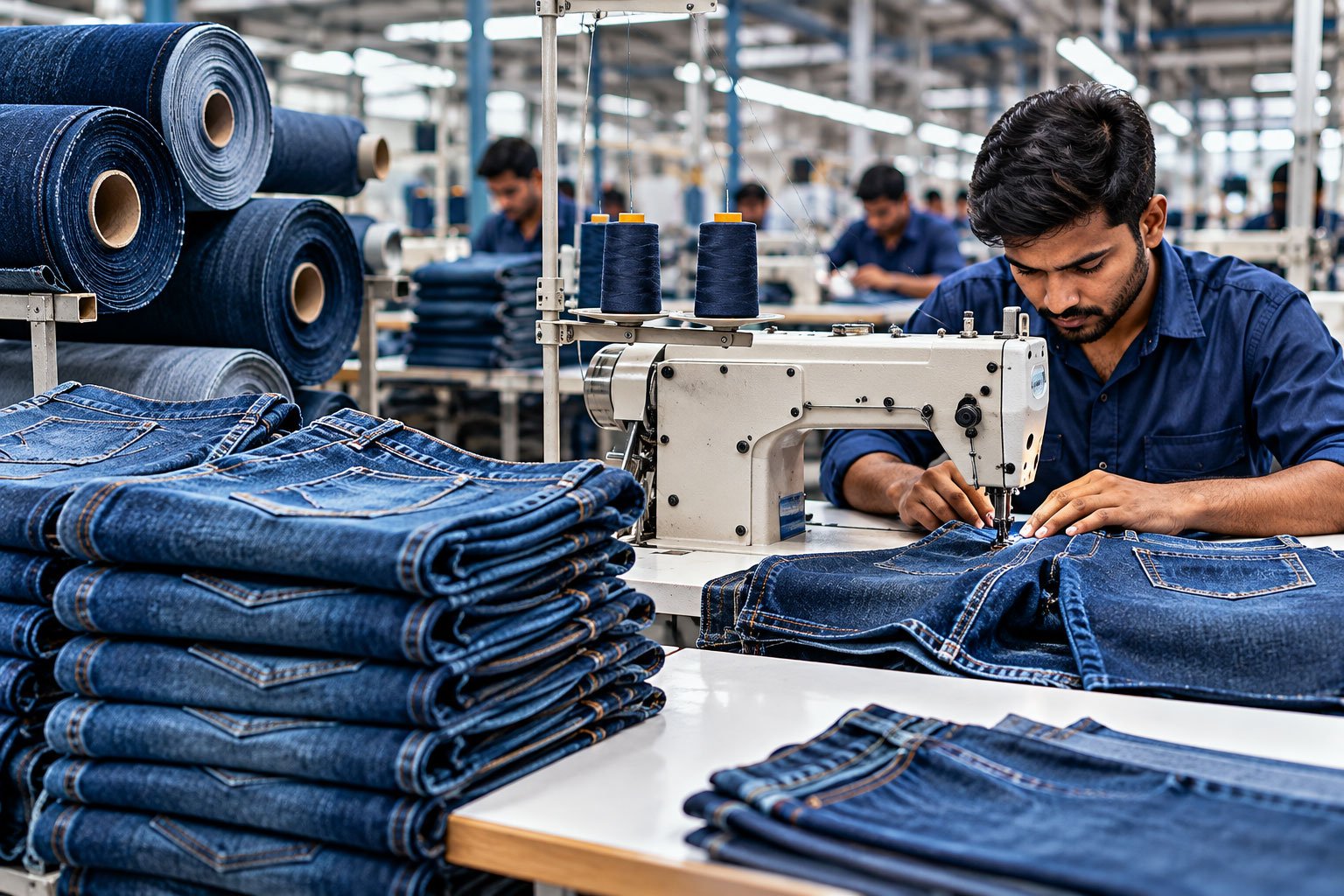 Folded jeans with detailed denim stitching