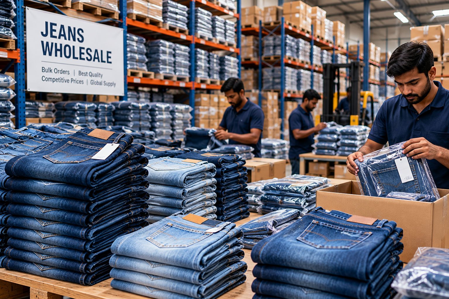 Denim apparel displayed on clothing hangers