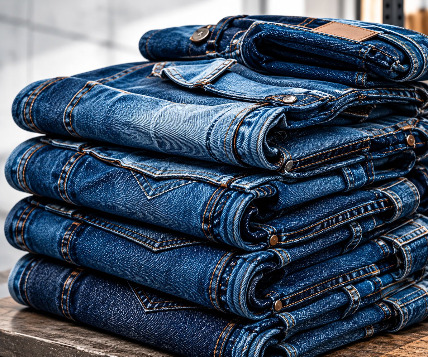 Folded blue jeans with classic denim detailing
