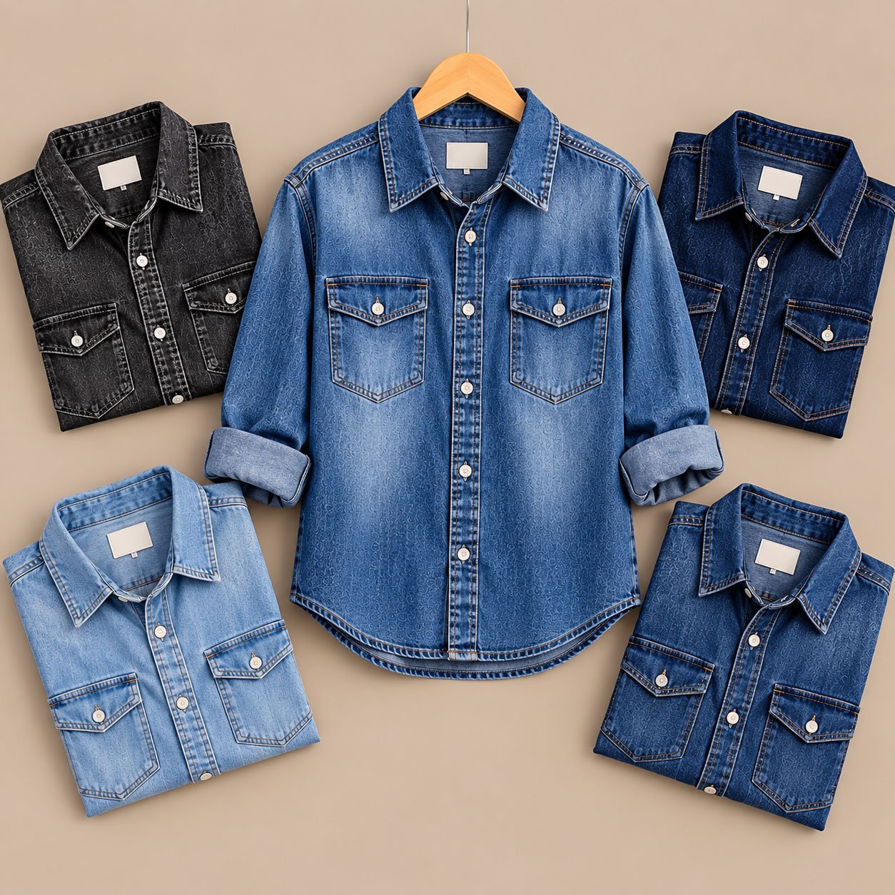 Blue denim shirts on hangers