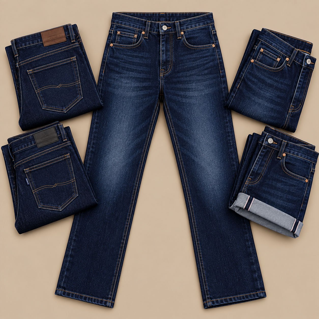 Dark blue folded denim jeans