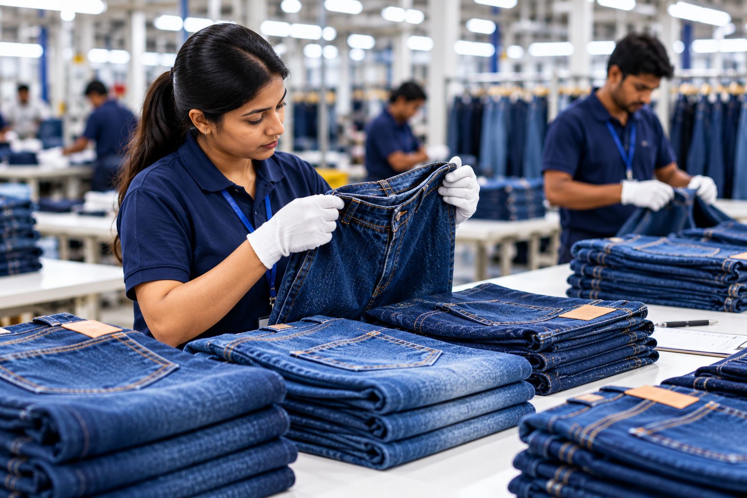 Hands inspecting a denim garment