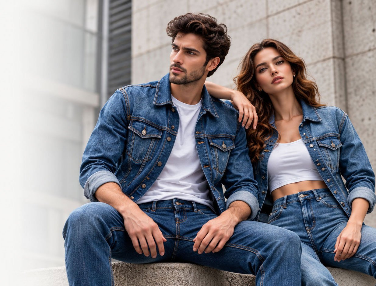 Models wearing denim jackets and jeans