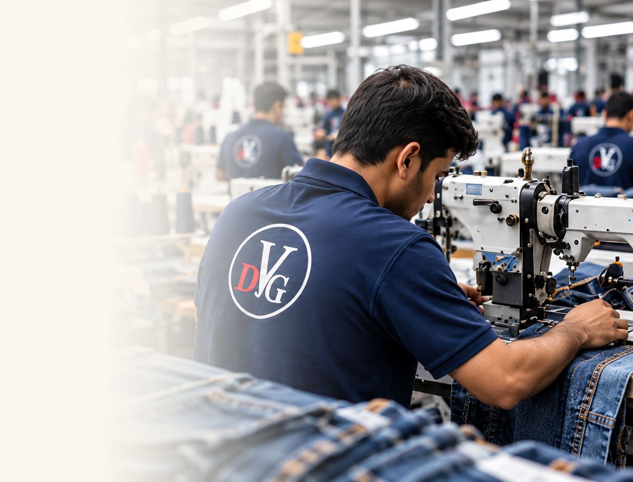 Denim production team working at sewing machines