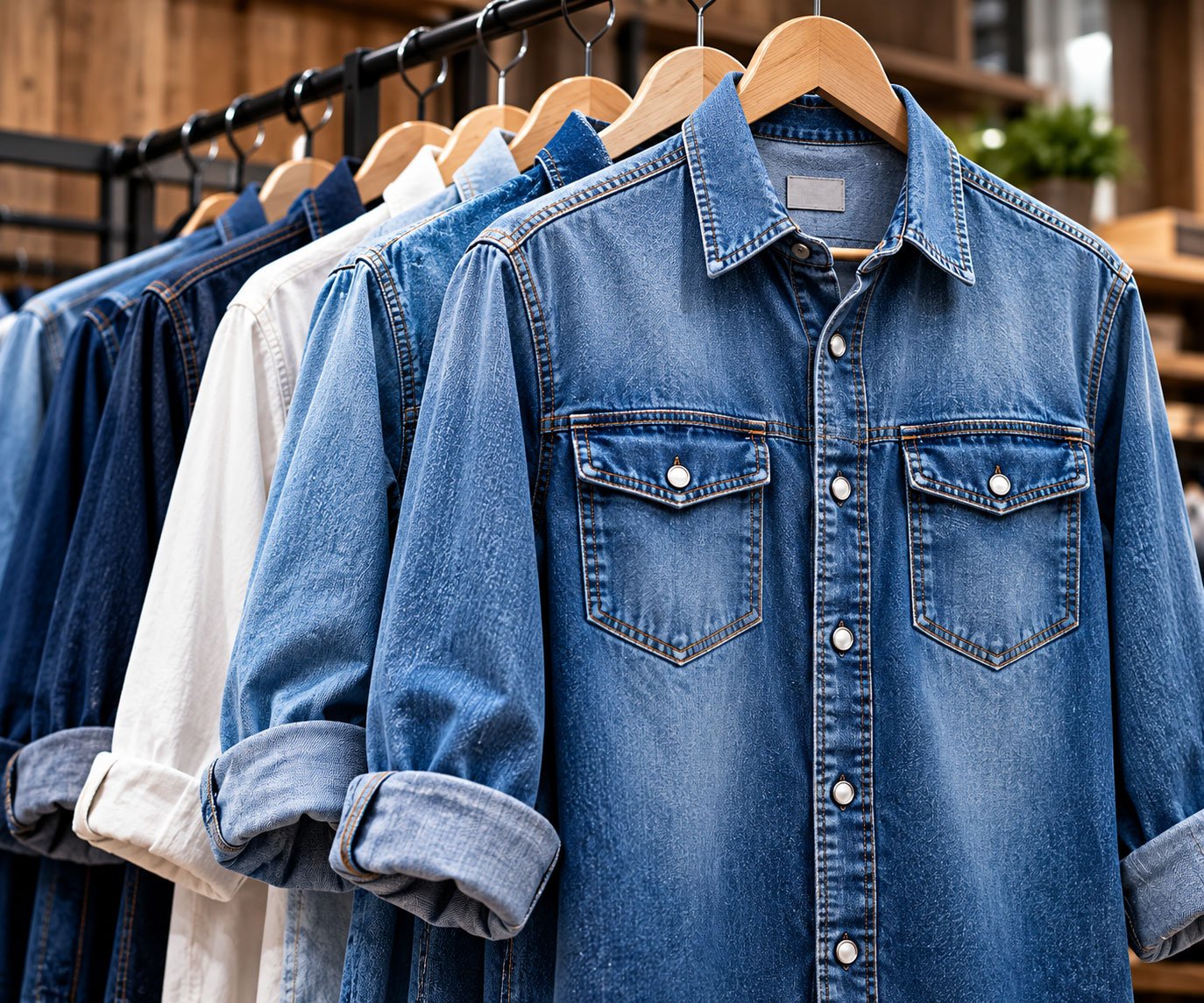 Denim shirts on wooden hangers