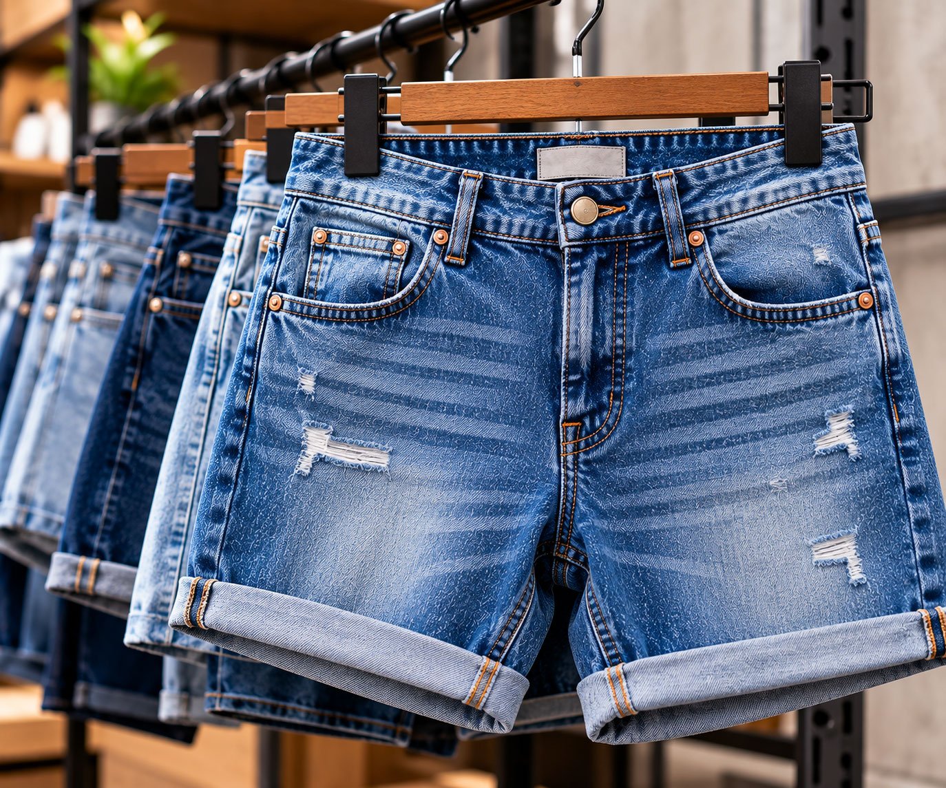 Light wash denim shorts with distressed details