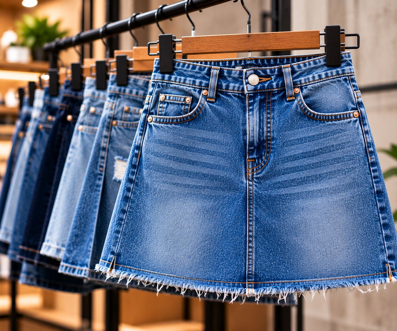 Blue denim skirt with front pockets