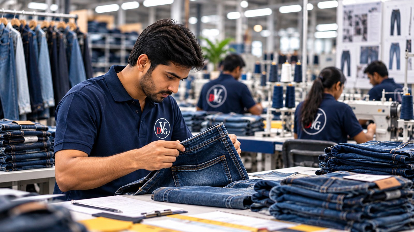 Denim garment makers at work in a sewing factory